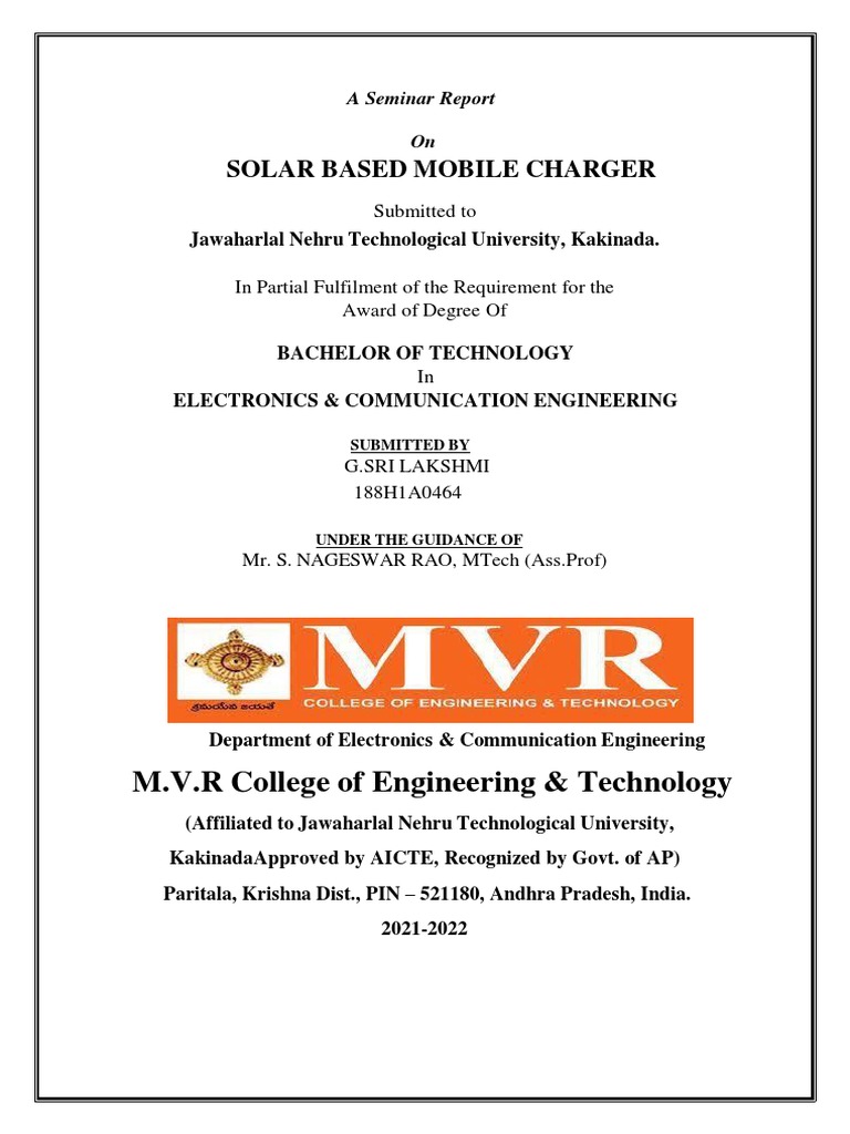 M.V.R College of Engineering & Technology Solar Based Mobile Charger