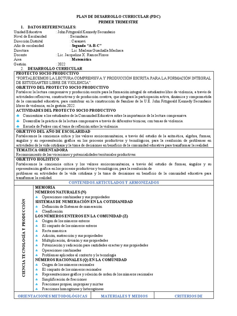 Plan de Desarrollo Curricular Matemática | PDF | Factorización | Línea ...