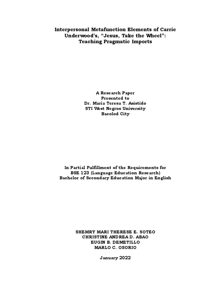 Analyzing Interpersonal Metafunction in "Jesus, Take the Wheel" | PDF ...