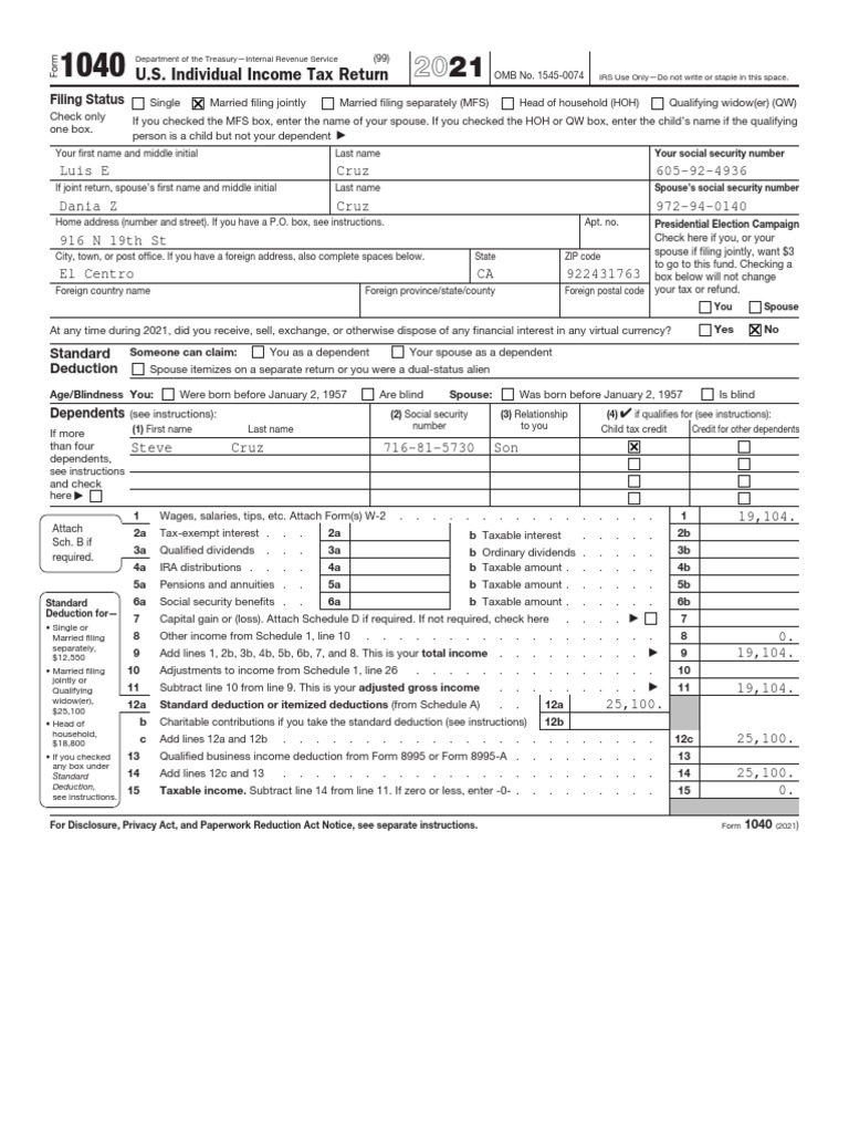 Form 1040 (2021): Individual Income Tax Return for Luis and Dania Cruz ...