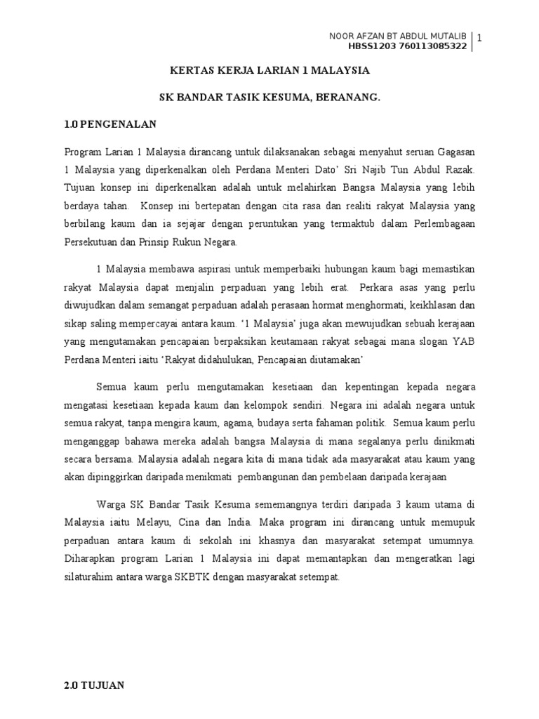 Kertas Kerja Larian 1 Malaysia Pdf