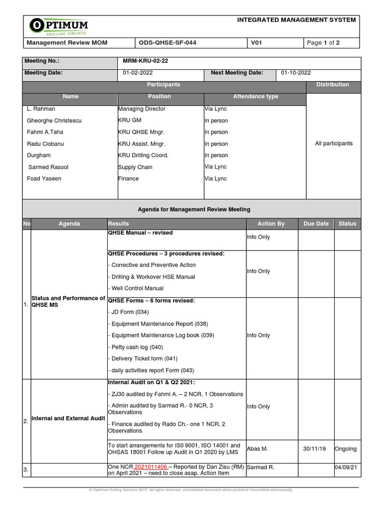 Management Review MOM ODS-QHSE-SF-044 V01: Participants Distribution ...