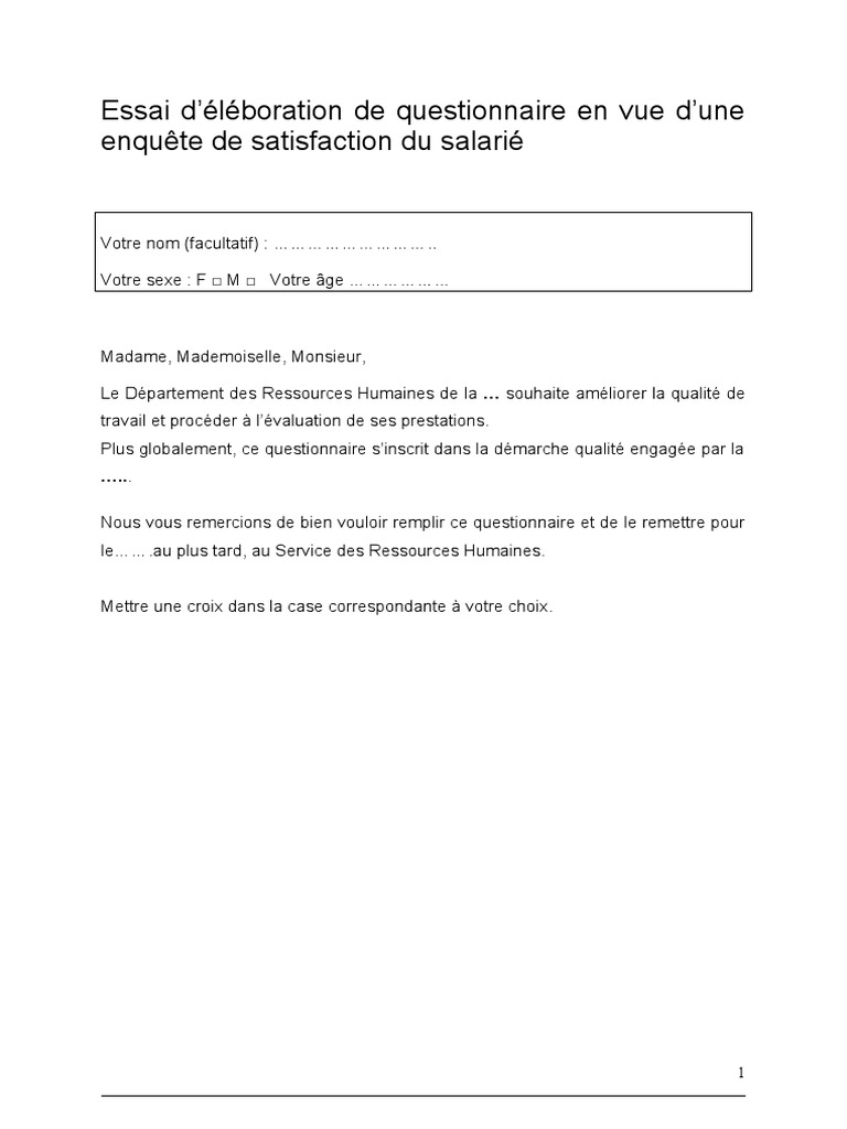 Questionnaire de Satisfaction des Employés | PDF | Gestion des ...