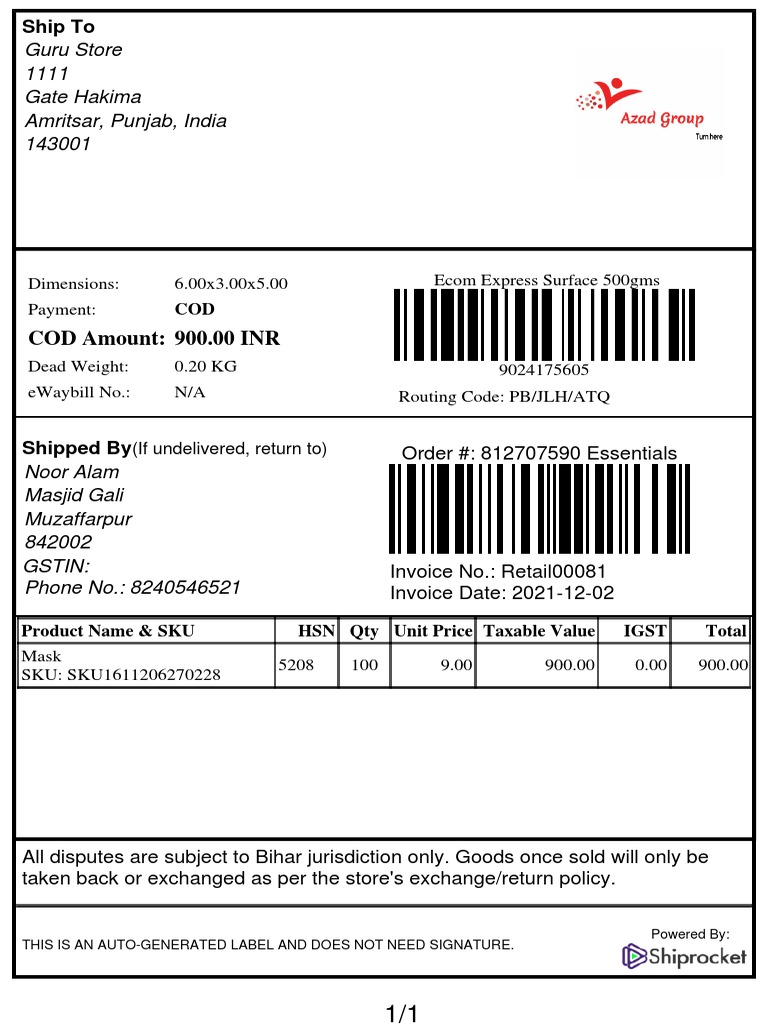 COD Amount for Order 812707590 | PDF | Finance & Money Management