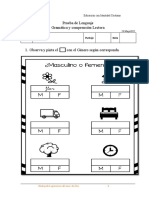 Prueba de Entrada Lenguaje 3B Artículo Sustantivo