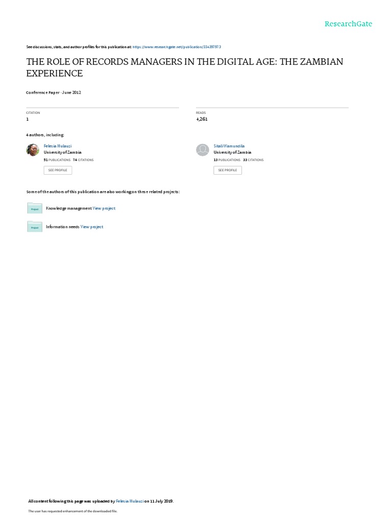 The Role of Records Managers in The Digital Age The Zambian Experience