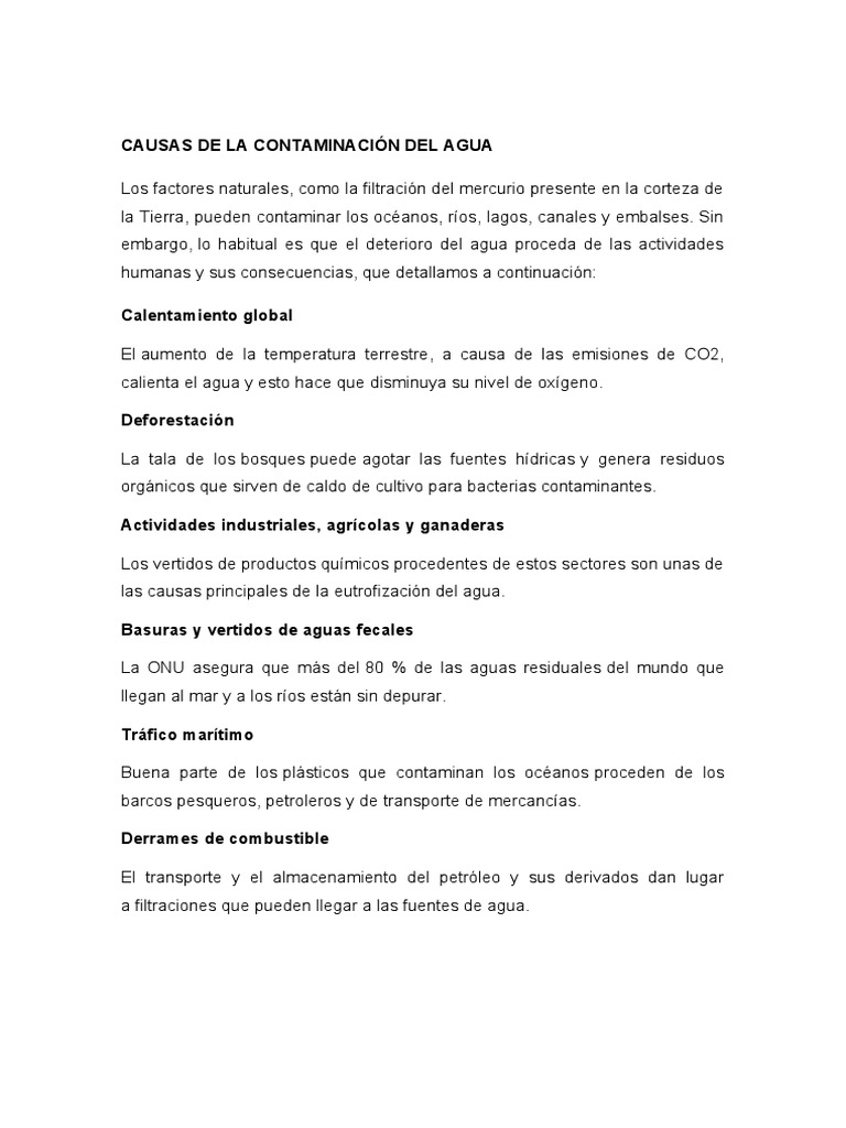 Causas y Consecuencias de la Contaminación del Agua | PDF | Agua | La ...