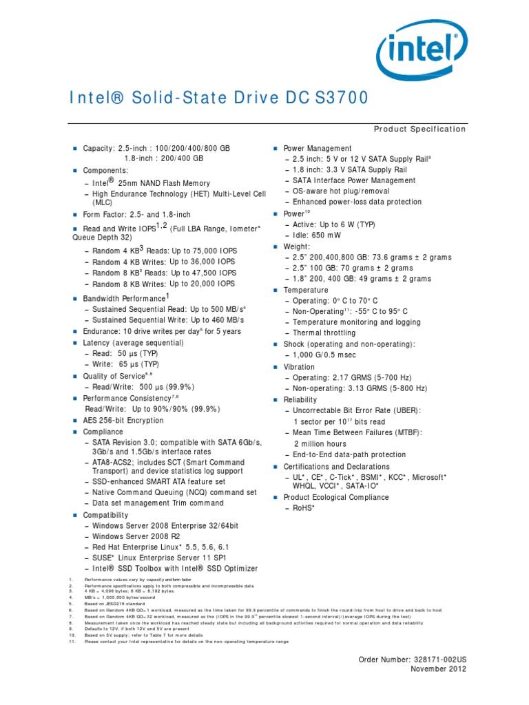 Product Specifications Intel SSD DC S3700 | PDF | Solid State Drive ...