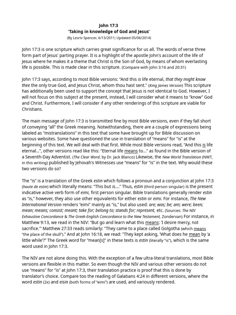 John 17:3, Taking in Knowledge of ' God and Jesus. | PDF | Eternal Life ...