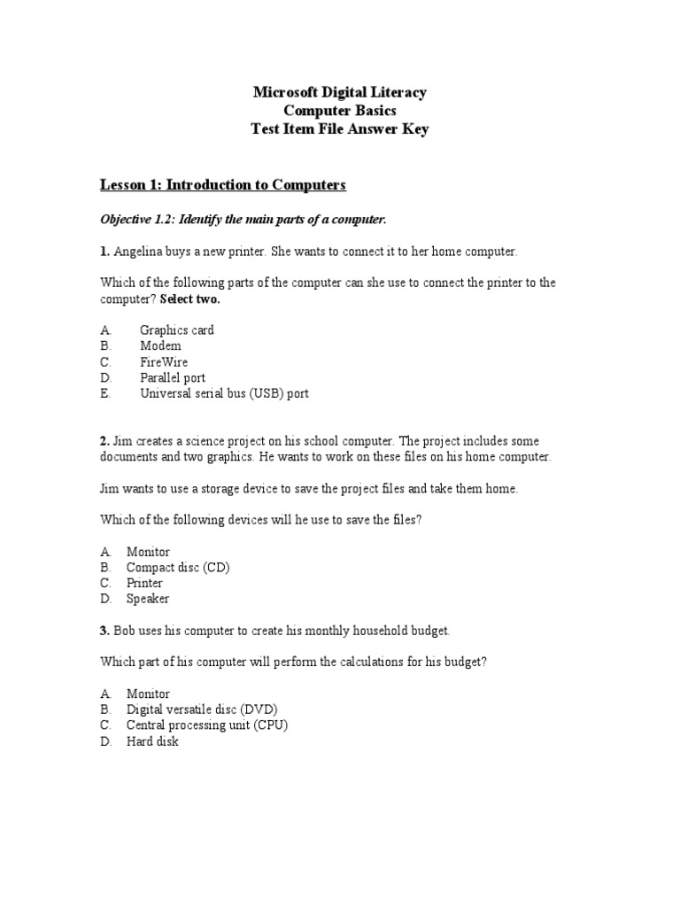 Microsoft Digital Literacy Computer Basics Test Item File Answer Key ...