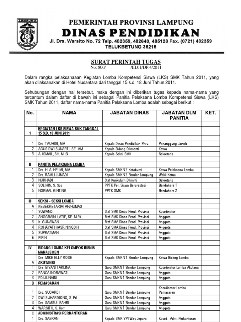 Surat Tugas Panitia Lks 2011