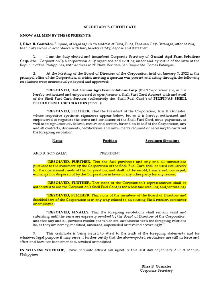 Secretary's Certificate - Shell Fuel Card With Repesentaton and ...