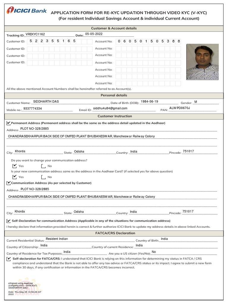 Application Form For ReKyc Updation Through Video Kyc (VKyc) (For