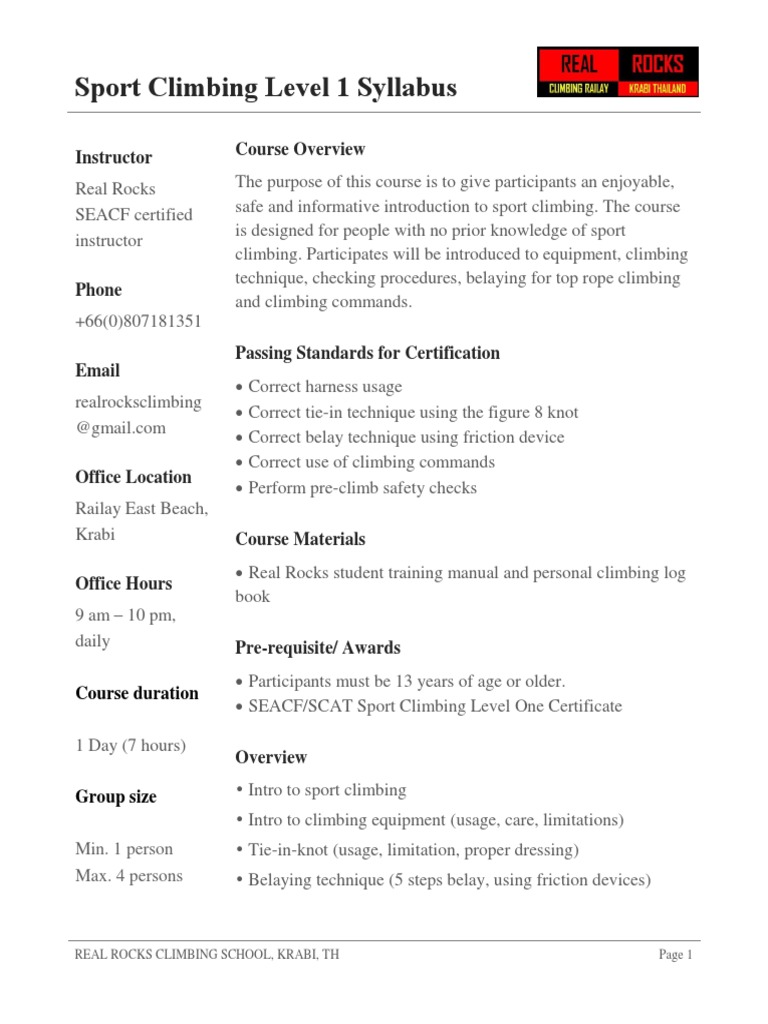 Sport Climbing Level 1 Syllabus Course Overview Instructor PDF