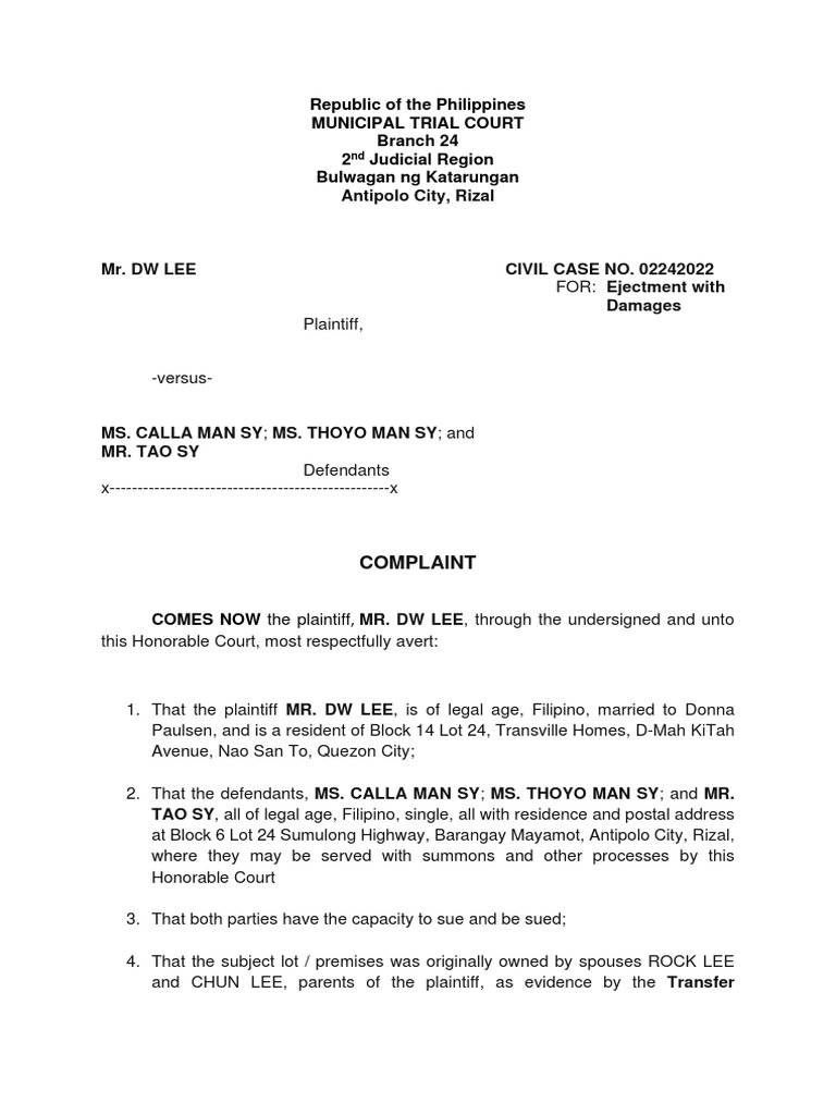 Ejectment Case Against Defendants | PDF | Lawsuit | Damages