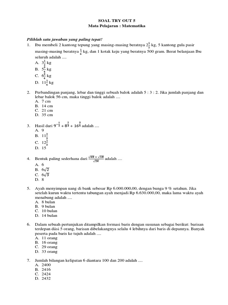 Adoc - Pub Soal Try Out 5 Mata Pelajaran Matematika | PDF