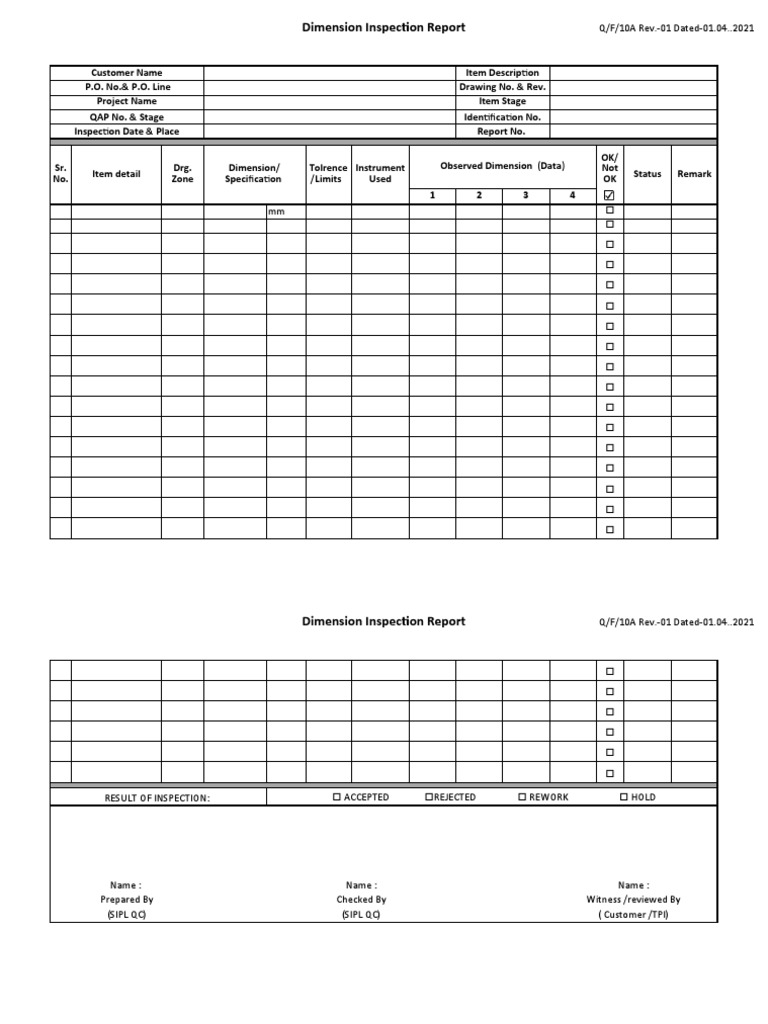 Dimension Inspection Report Summary | PDF