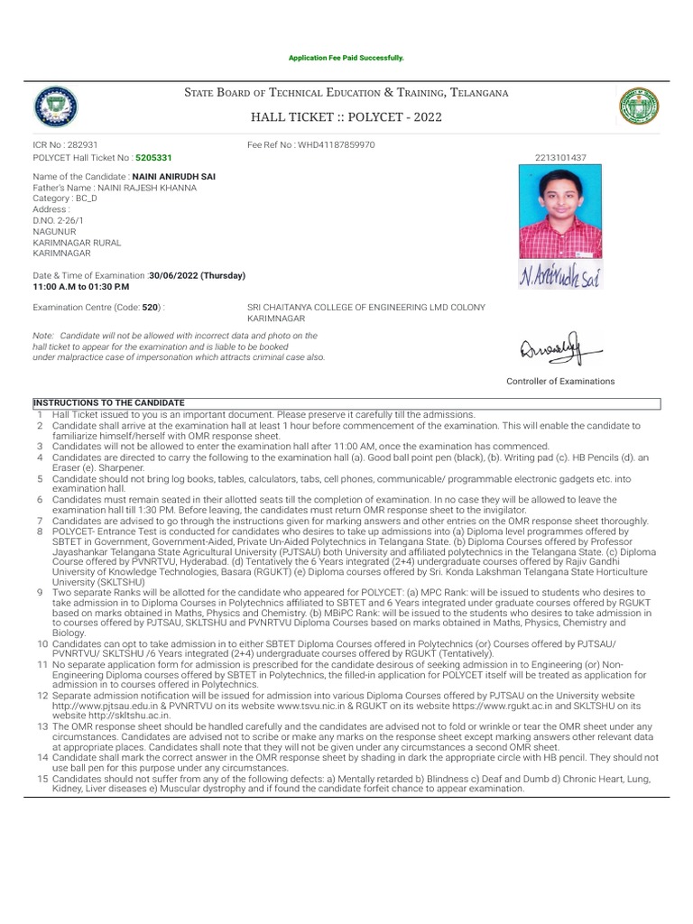 POLYCET 2022 Hall Ticket Details | PDF | University And College ...