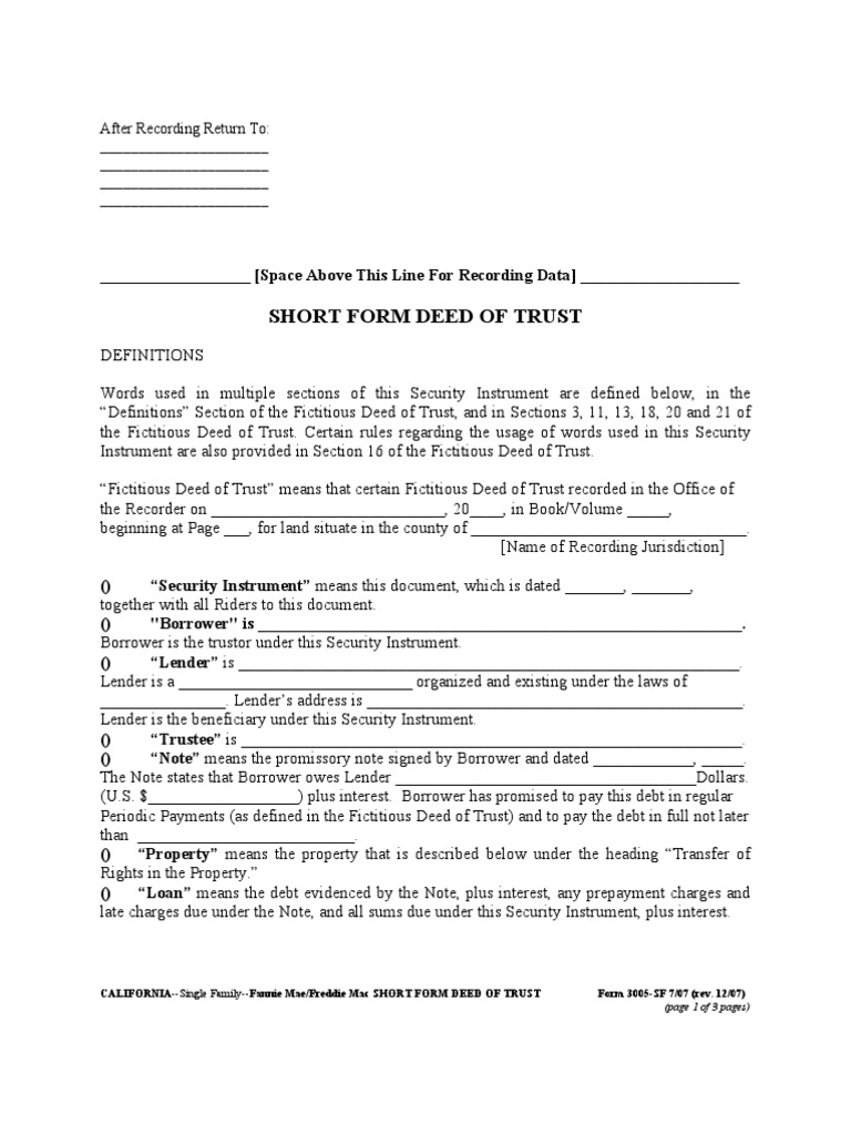 CA Short Form Deed of Trust Deed Of Trust (Real Estate) Trust Law