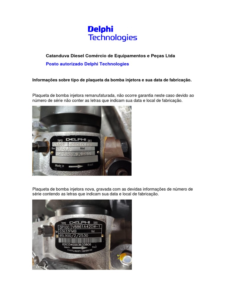 Informações Bomba Injetora Delphi, Plaqueta, Fabricação | PDF