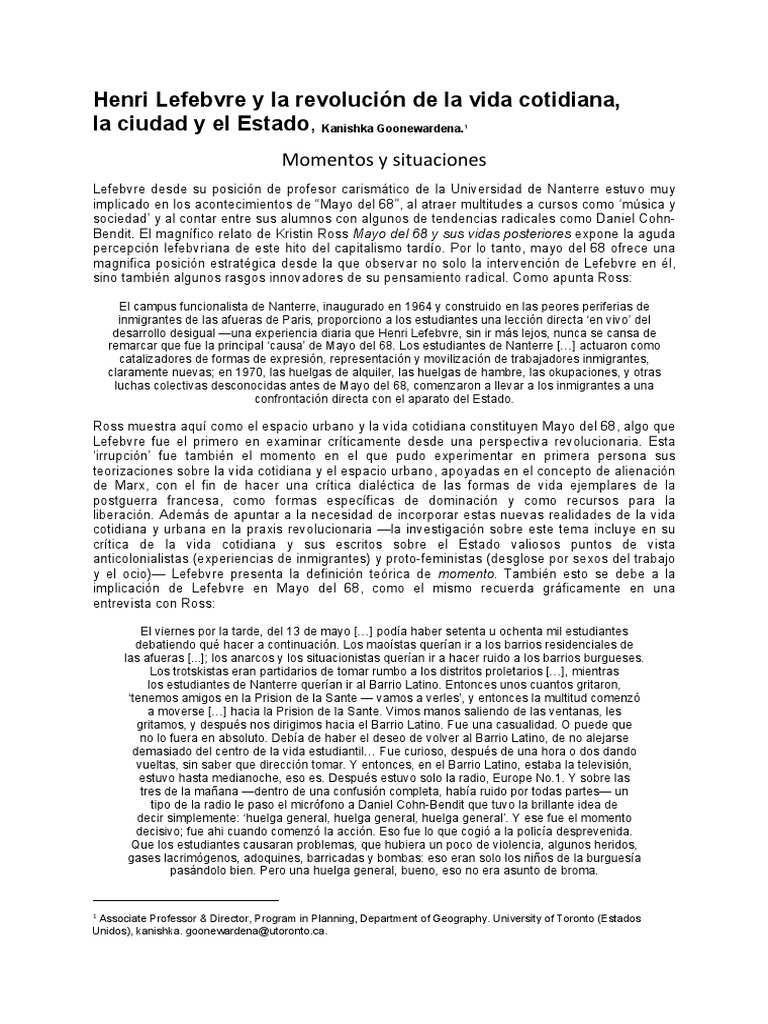 Henri Lefebvre y La Revolución de La Vida Cotidiana, La Ciudad y El