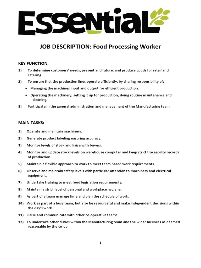 JOB DESCRIPTION Food Processing Worker Key Function PDF Foods