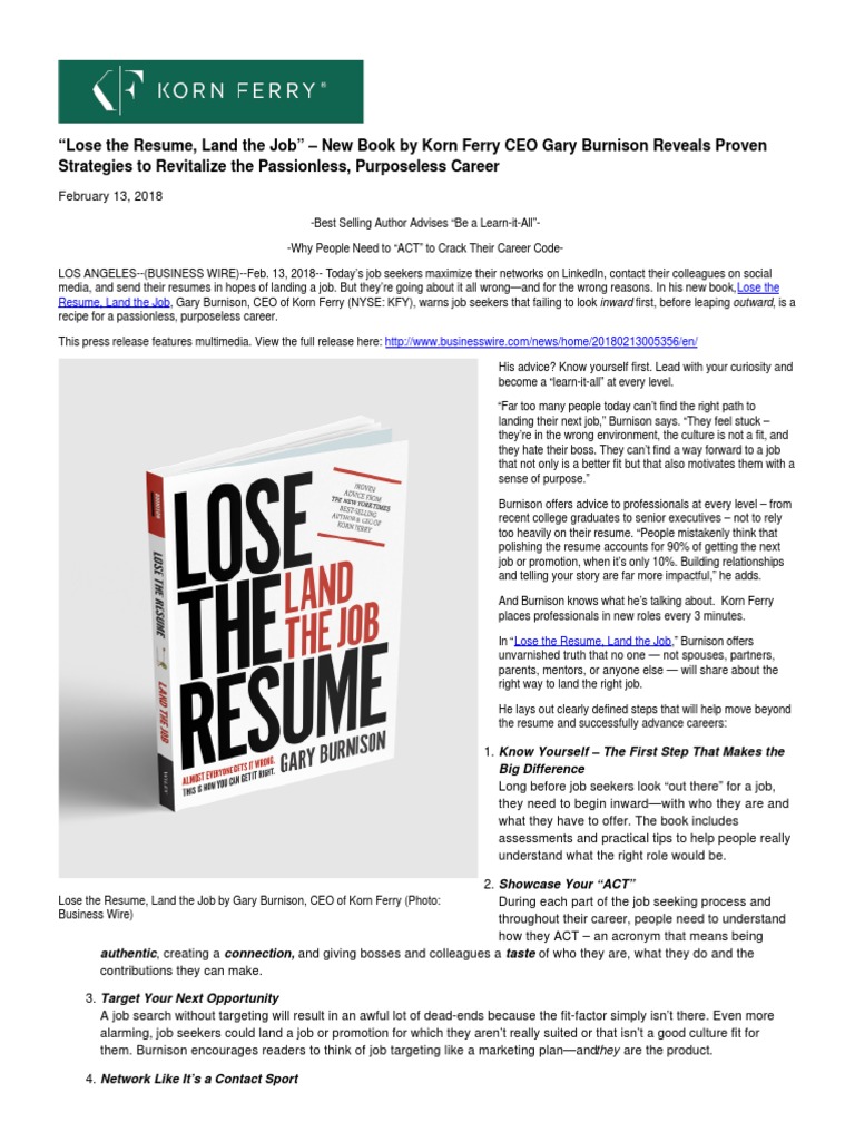 "Lose The Resume, Land The Job" New Book by Korn Ferry CEO Gary