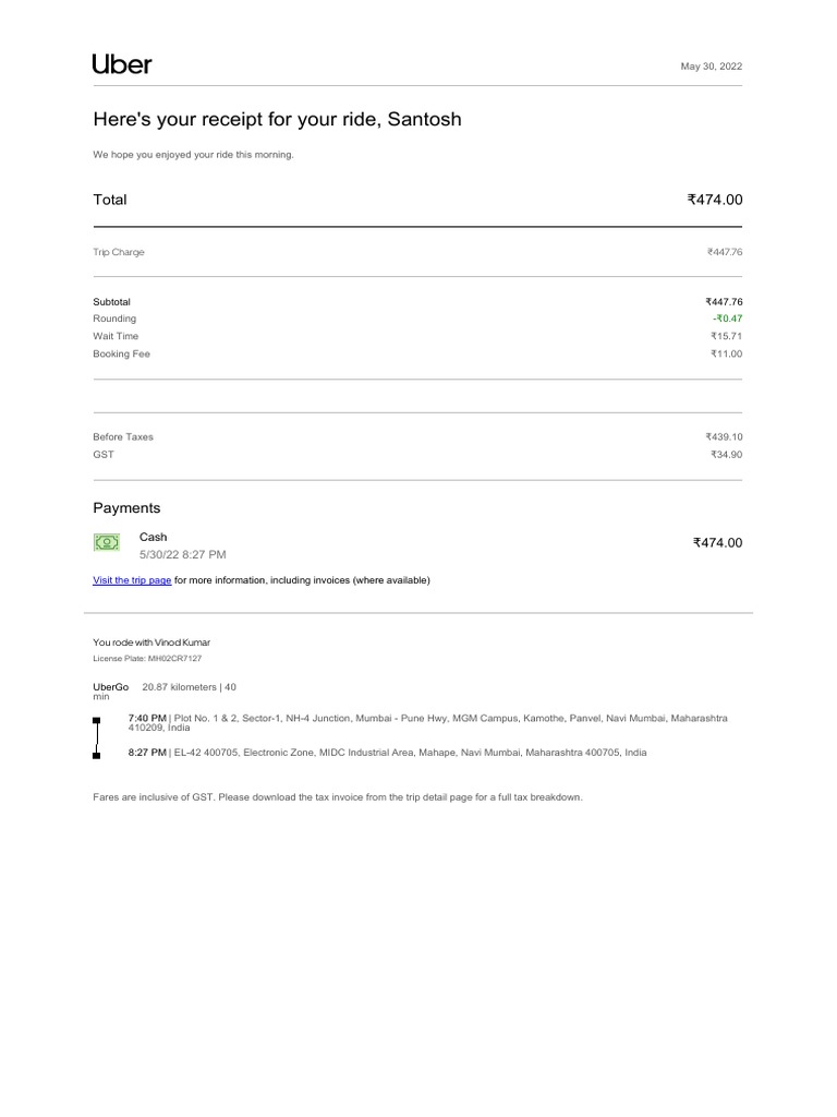 Uber Ride Receipt for Santosh | PDF