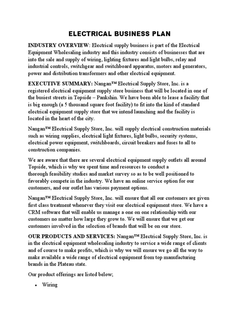 Electrical Business Plan INDUSTRY OVERVIEW Electrical Supply Business