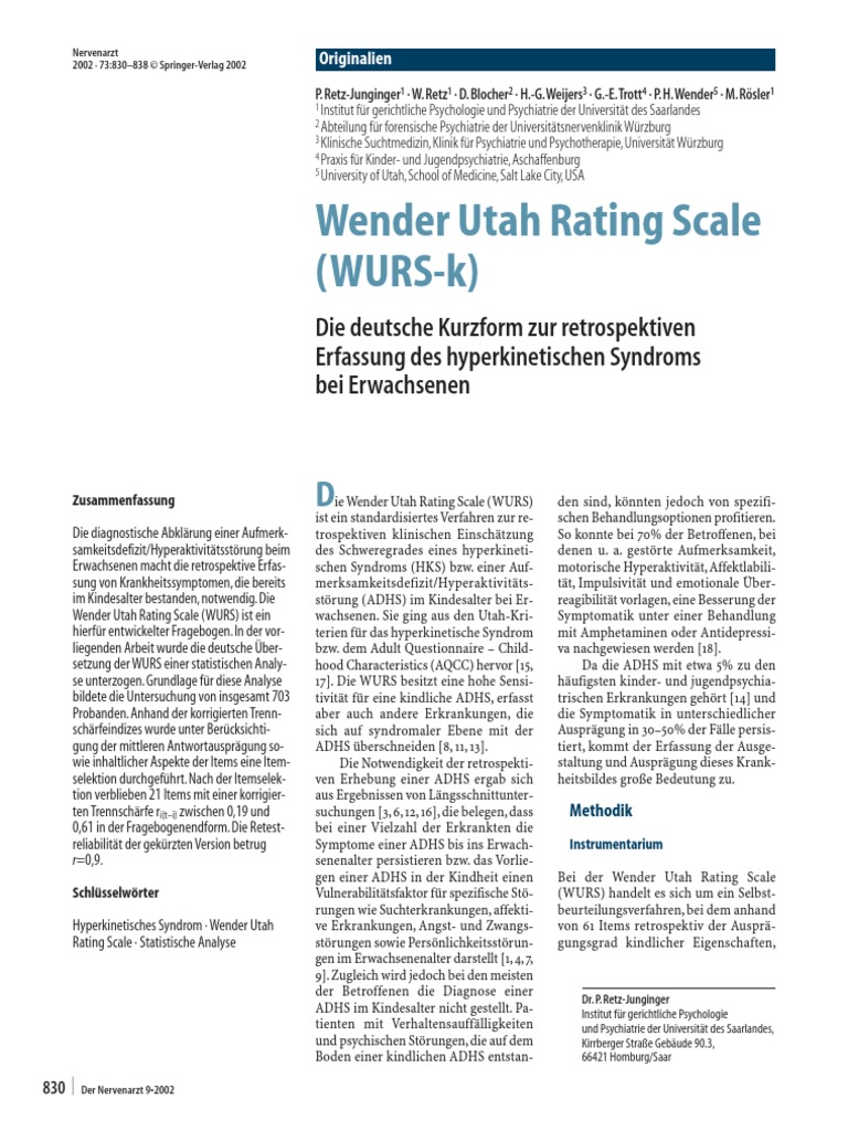 Wender Utah Rating Scale WURS K PDF