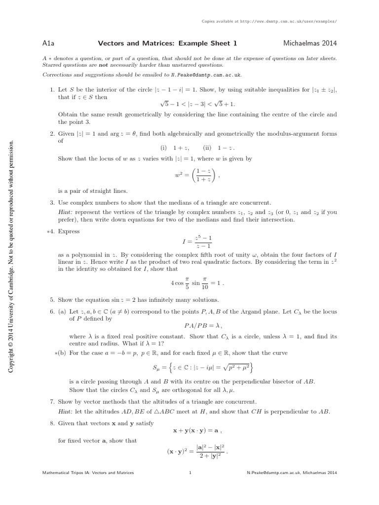 A1a Vectors and Matrices: Example Sheet 1 Michaelmas 2014: Copies ...