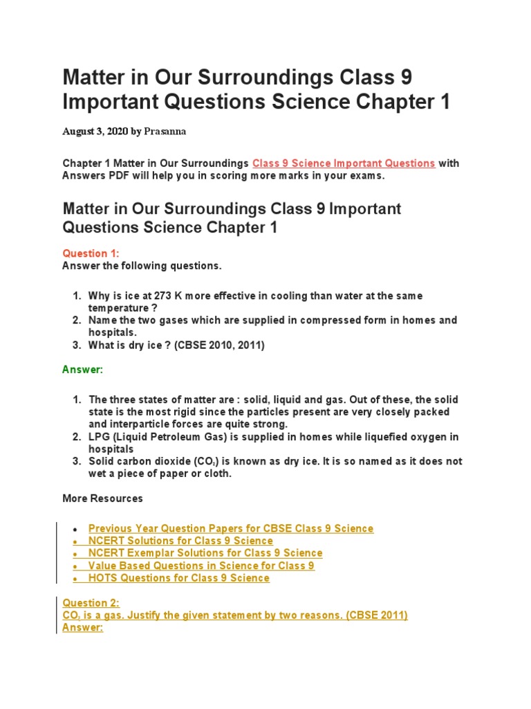 Matter in Our Surroundings Class 9 Important Questions Science Chapter