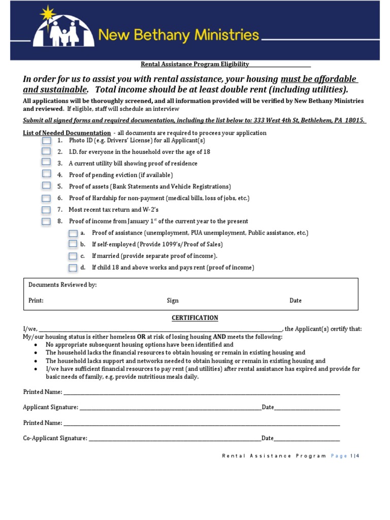 Requirements and Application for Rental Assistance from New Bethany