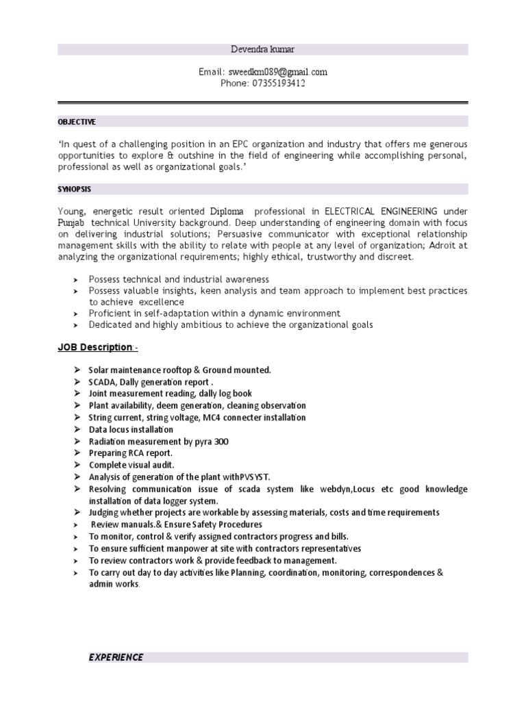 Objective JOB Description PDF Engineering