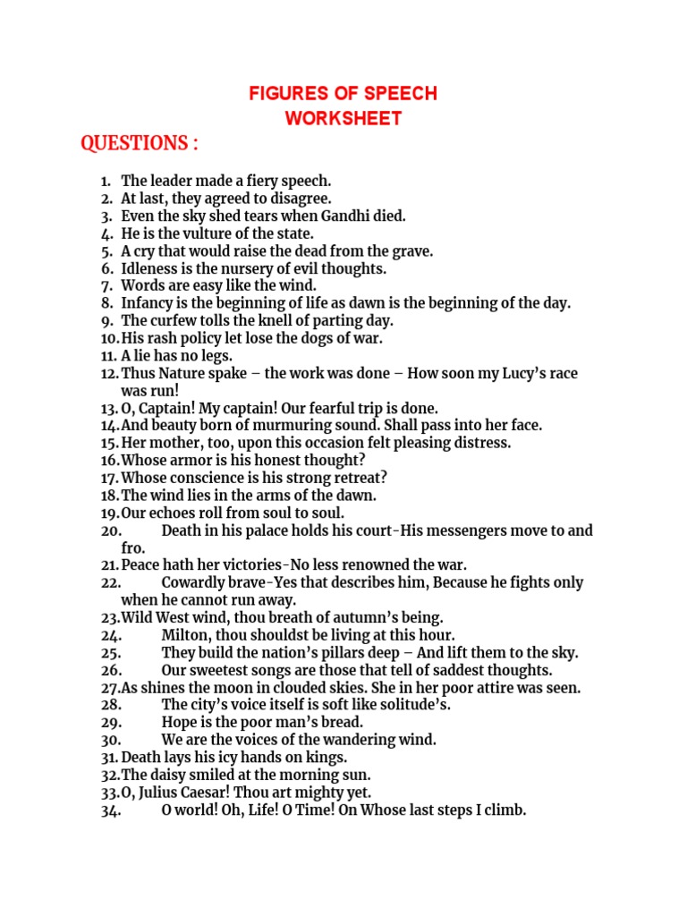 Figures of Speech Worksheet PDF