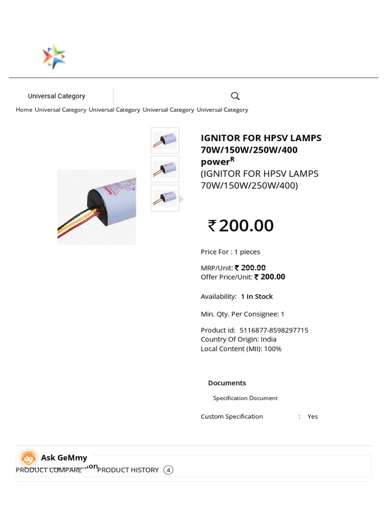 Buy IGNITOR FOR HPSV LAMPS 70W 150W 250W 400 Online GeM PDF