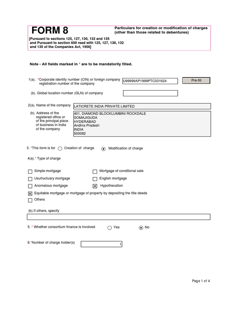 Form 8: Particulars For Creation or Modification of Charges (Other Than ...