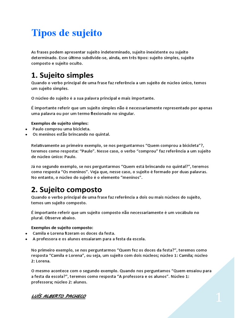 Tipos de Sujeito na Língua Portuguesa | PDF | Assunto (gramática ...