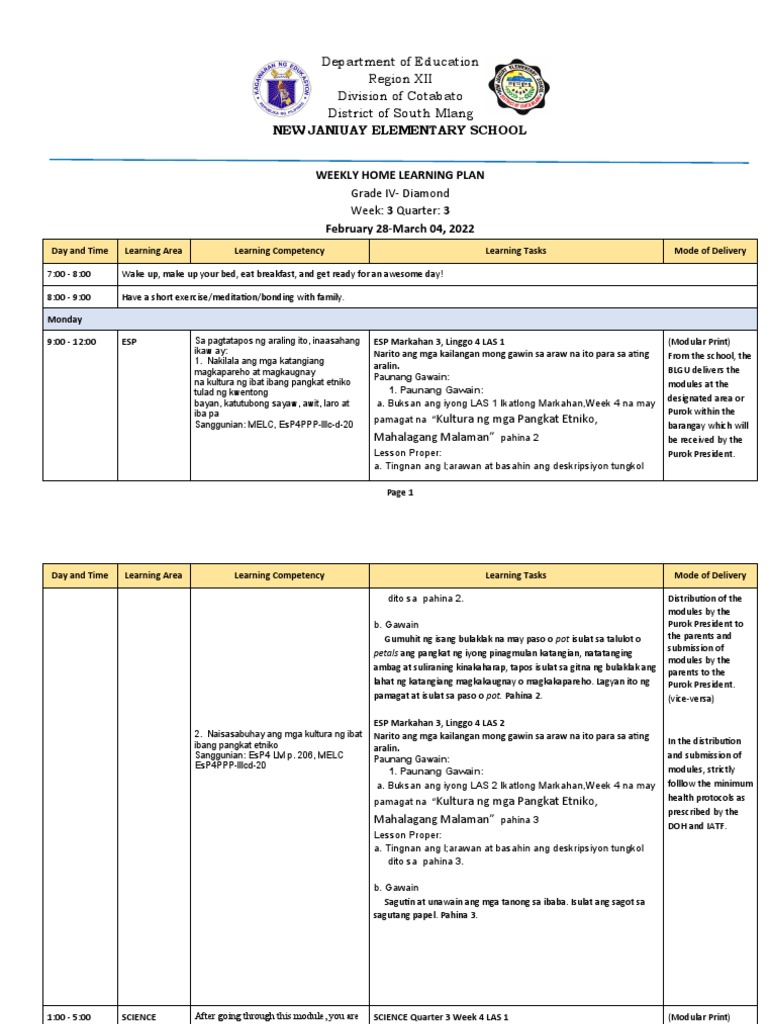 Home Weekly Plan Week-4 q3 | PDF