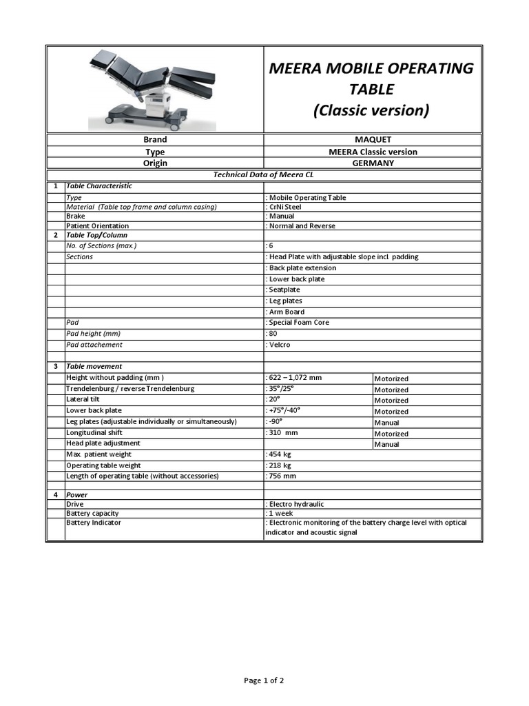 Meera Mobile Operating Table Specs | PDF | Equipment | Manufactured Goods