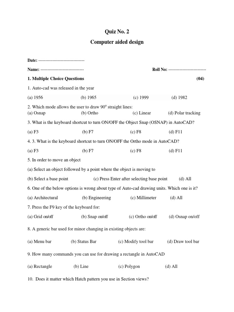 Autocad Quiz PDF System Software Software Development