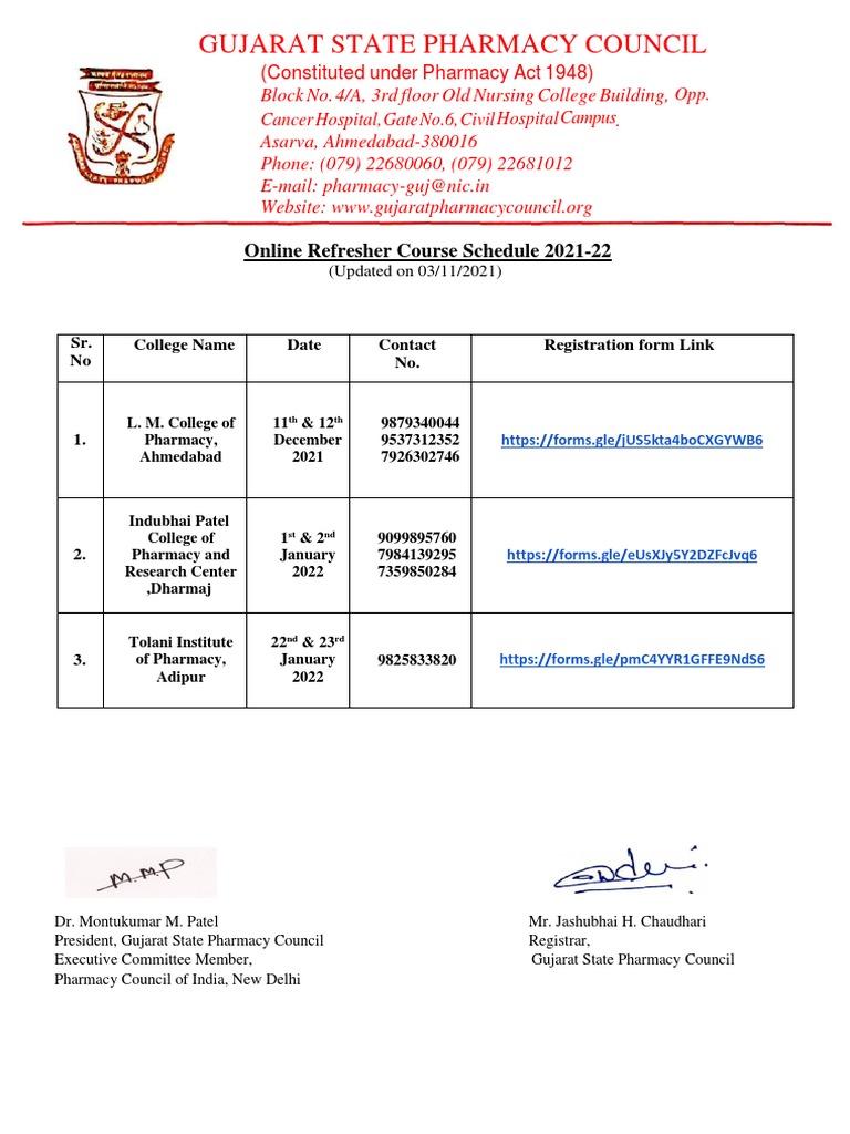 Gujarat Pharmacy Refresher Course 2021-22 | PDF