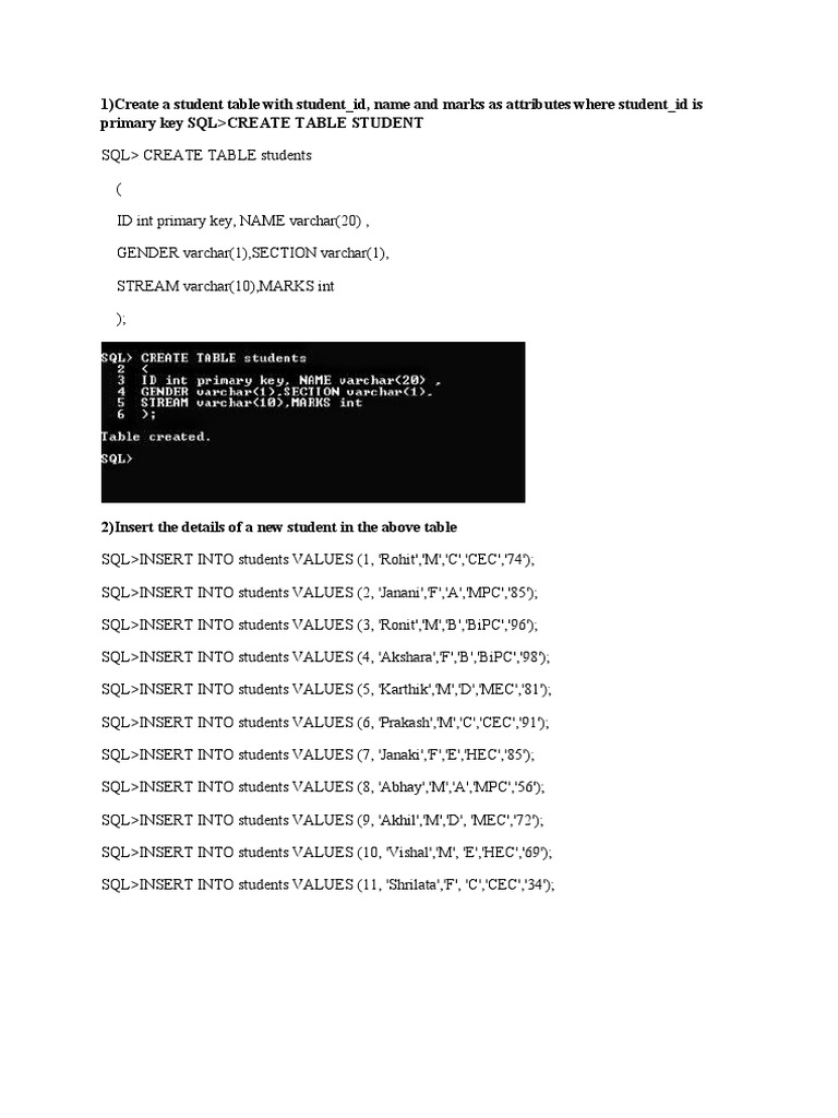 1) Create A Student Table With Student - Id, Name and Marks As ...