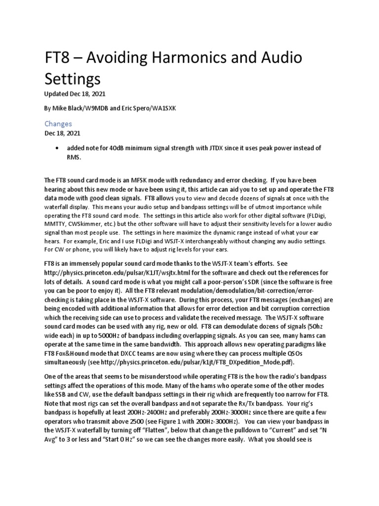 FT8 - Avoiding Harmonics and Audio Settings: Changes | PDF | Bandwidth ...