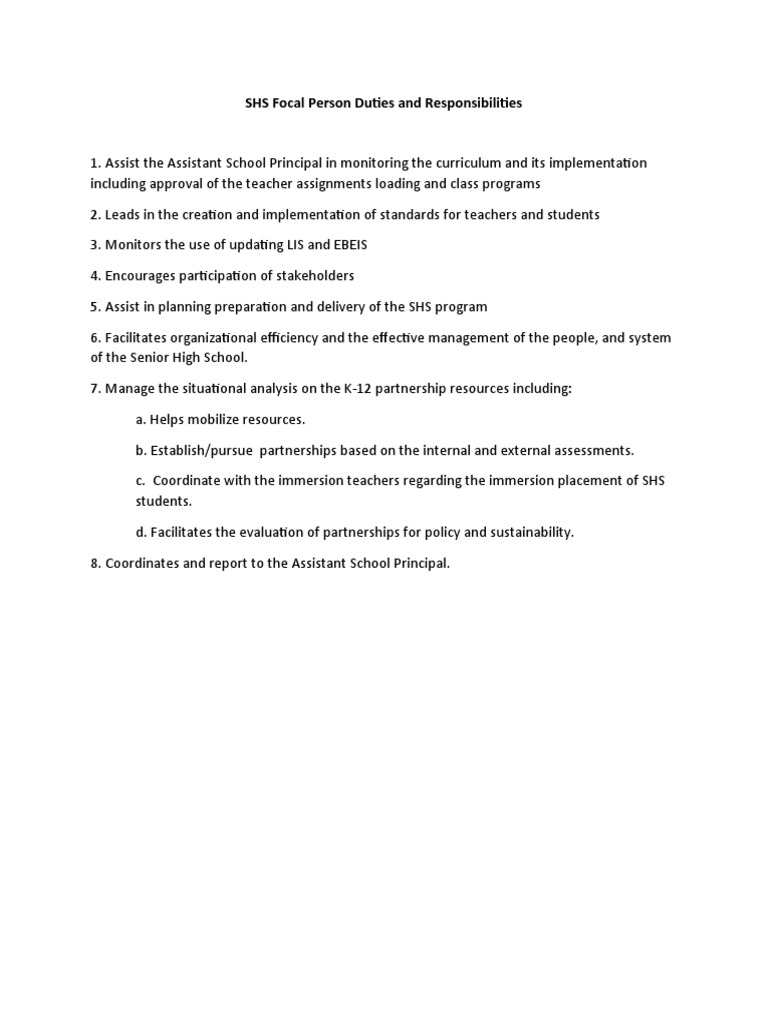Senior High School Focal Person Roles | PDF