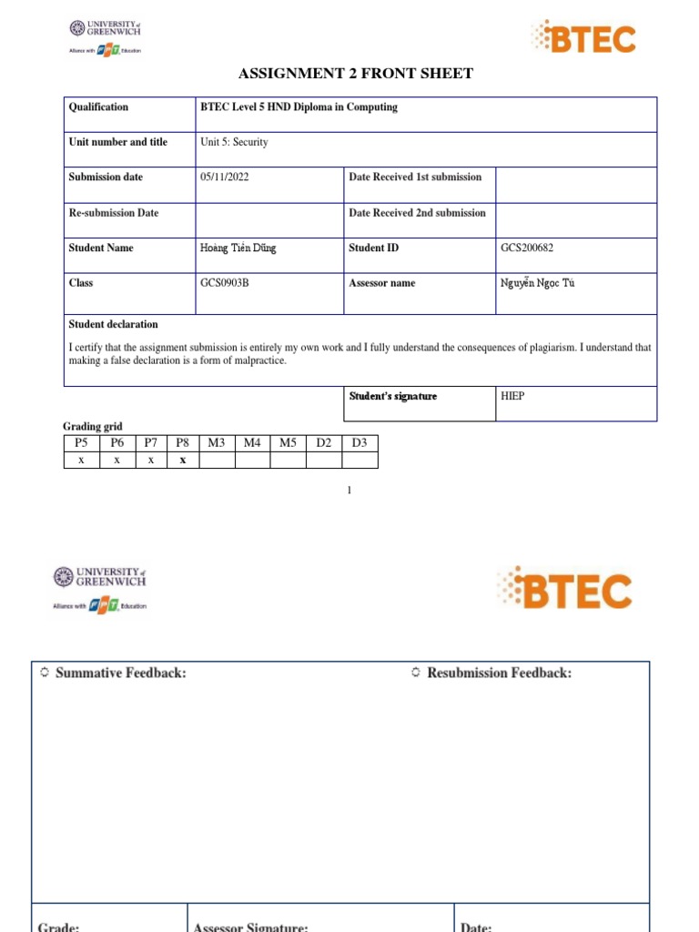 Assignment 2 Front Sheet: Qualification BTEC Level 5 HND Diploma in ...
