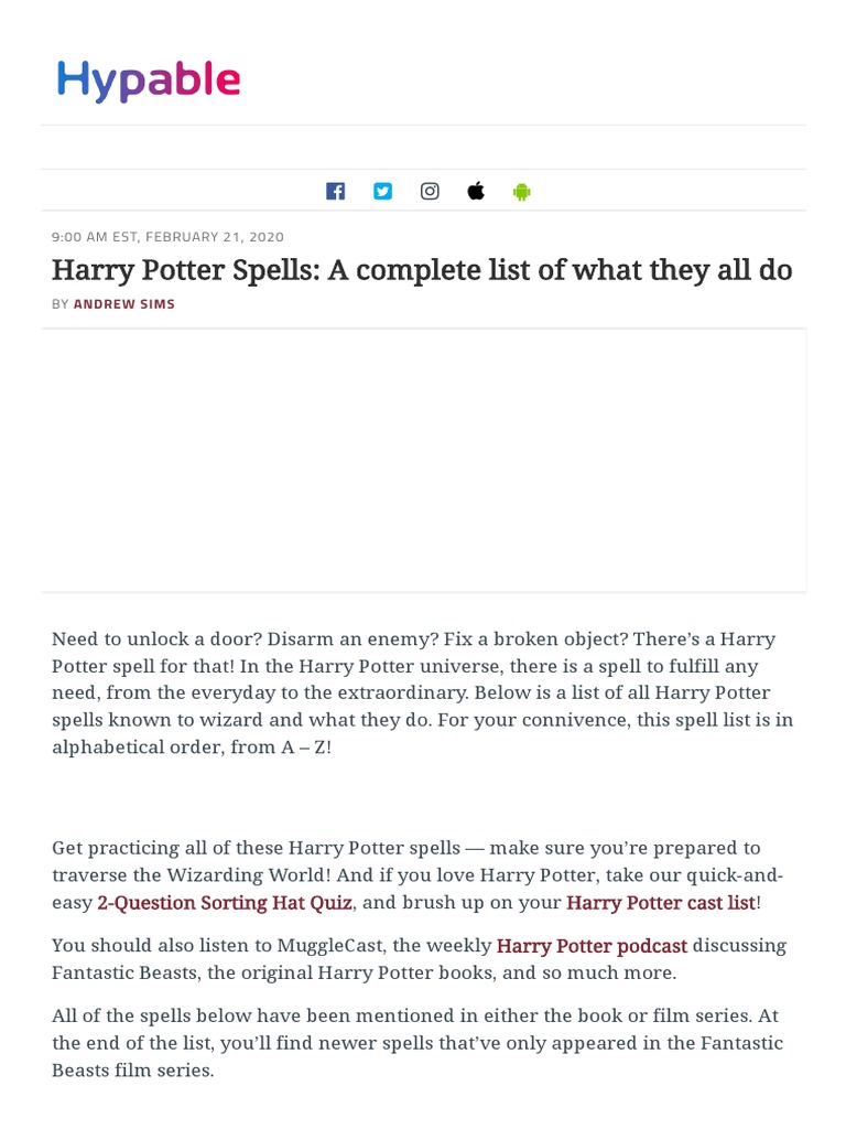 Harry Potter Spells - A Complete List of What They All Do | PDF | Harry ...