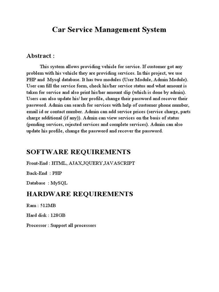 Car Service Management System Overview | PDF