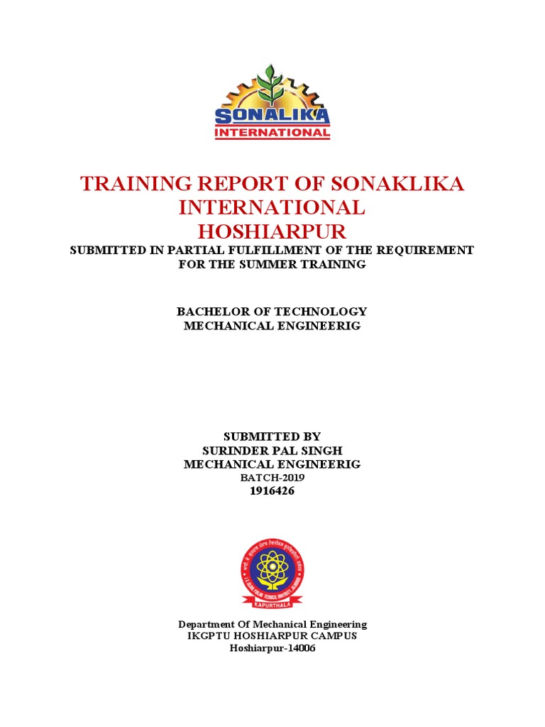 Training Report of Sonaklika International Hoshiarpur PDF Tractor