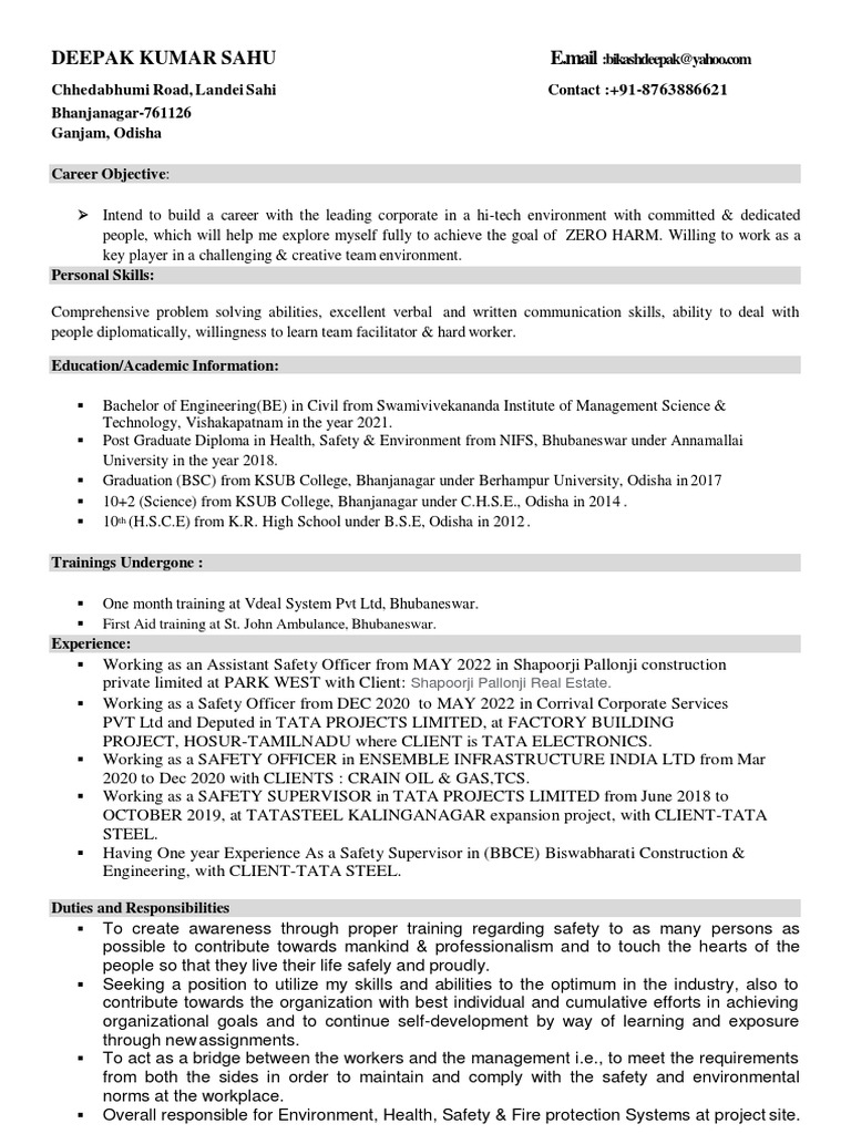DEEPAK KUMAR SAHU Updated CV | PDF | Safety
